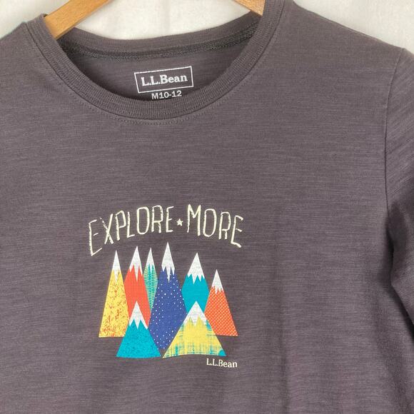 LL Bean Tee Shirt Kids M 10-12 Long Sleeve Gray Graphic Mountains Explore More - Picture 3 of 8
